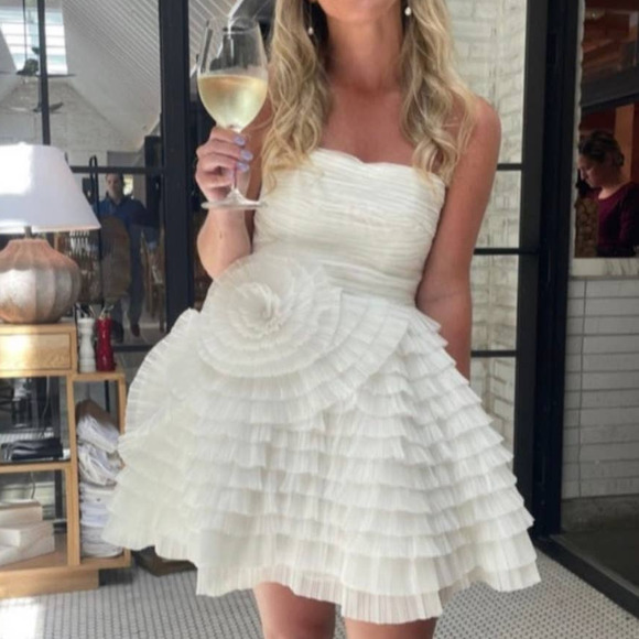 Aje Dress Expressive Mini White Strapless Pleated Ruffles Wedding Bride Large 8 - Picture 4 of 13